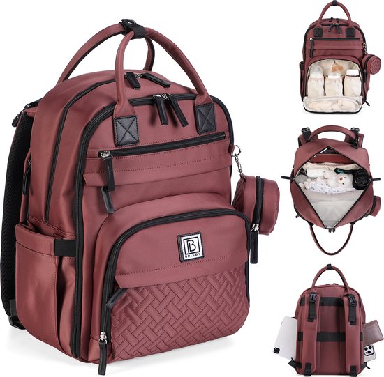 Brisby Premium Luiertas – Uitgebreide en Functionele Verzorgingstas – met buggymontage – Anti Diefstal Vakken - Reistrolley Sleeve - inclusief verschoonmatje t.w.v.15,99 euro en speenhouder - Levenslange Garantie - Rood van Brisby