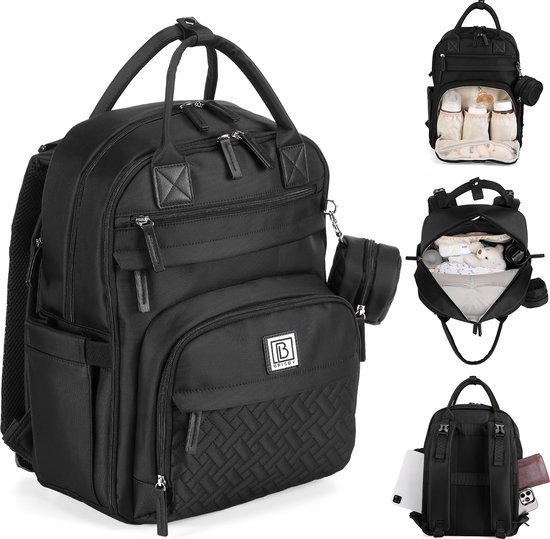 Brisby Premium Luiertas – Uitgebreide en Functionele Verzorgingstas – met buggymontage – Anti Diefstal Vakken - Reistrolley Sleeve - inclusief verschoonmatje t.w.v.15,99 euro en speenhouder - Levenslange Garantie - Zwart van Brisby