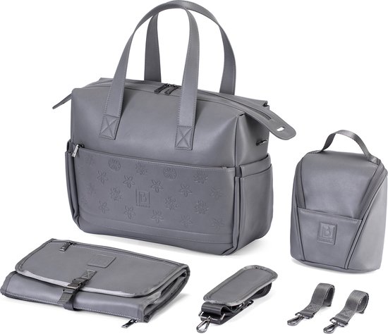 Brisby Slijtvaste Luiertas - Schoudertas - Weekendtas - incl. Buggy & Kinderwagen Haken - Gratis verschoonmatje en Gratis koeltas - PU Leer - Grijs van Brisby