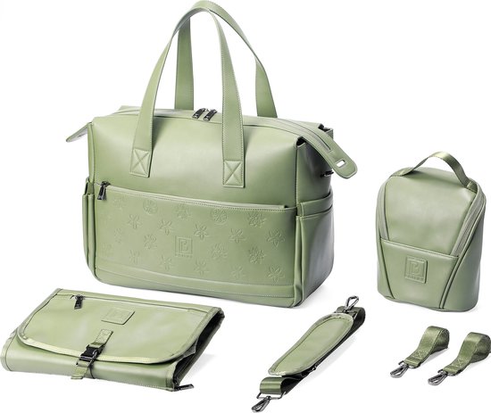 Brisby Slijtvaste Luiertas - Schoudertas - Weekendtas - incl. Buggy & Kinderwagen Haken - Gratis verschoonmatje en Gratis koeltas - PU Leer - Groen van Brisby