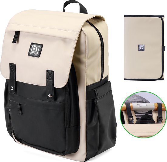 Brisby slijtvaste Luiertas – verzorgingstas - Two Tone Creme en Zwart PU - Inclusief Verschoonmatje - Isoleervakken - Met Geïntegreerde Kinderwagen haken van Brisby