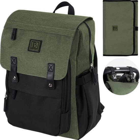 Brisby slijtvaste Luiertas – verzorgingstas - Two Tone Groen en Zwart - Inclusief Verschoonmatje - Isoleervakken - Met Geïntegreerde Kinderwagen haken van Brisby