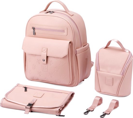 Brisby Venezia Slijtvaste Luiertas - Verzorgingstas - incl. Verschoonmatje - Koeltas - Buggy & Kinderwagen Haken - PU Leer - Roze van Brisby
