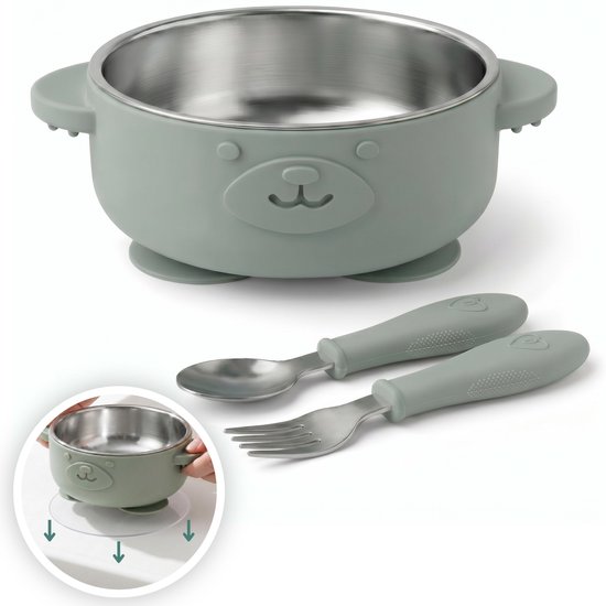 Broemba Kinderservies RVS - Baby Bord met Zuignap & 3 zuignap stickers - Kommetje met Baby Bestek - BPA-vrij Baby Servies met Lepel en Vork - Groen