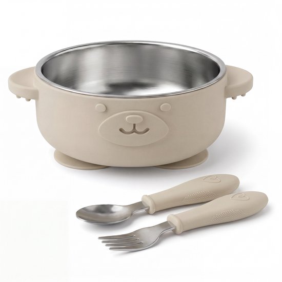 Broemba RVS Baby Bord met zuignap + Baby Bestek - 100% BPA-vrij Kinderservies - Kommetje met Lepel en Vork - Beige Baby Servies