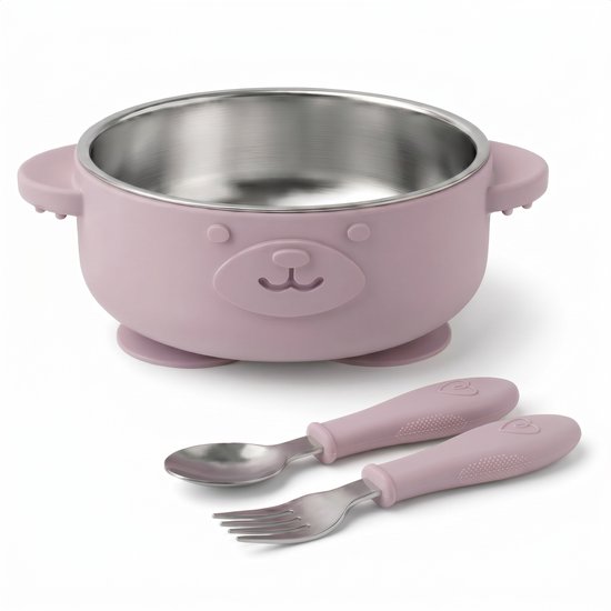 Broemba RVS Baby Bord met zuignap + Baby Bestek - 100% BPA-vrij Kinderservies - Kommetje met Lepel en Vork - Roze Baby Servies