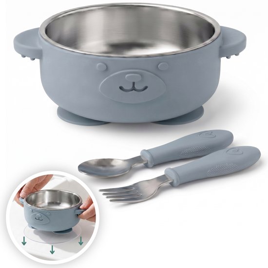 Broemba RVS Baby Bord met Zuignap & Bestek - Kommetje met Babylepel en Vork & 3 zuignap stickers - BPA-vrij Babyservies - Blauw