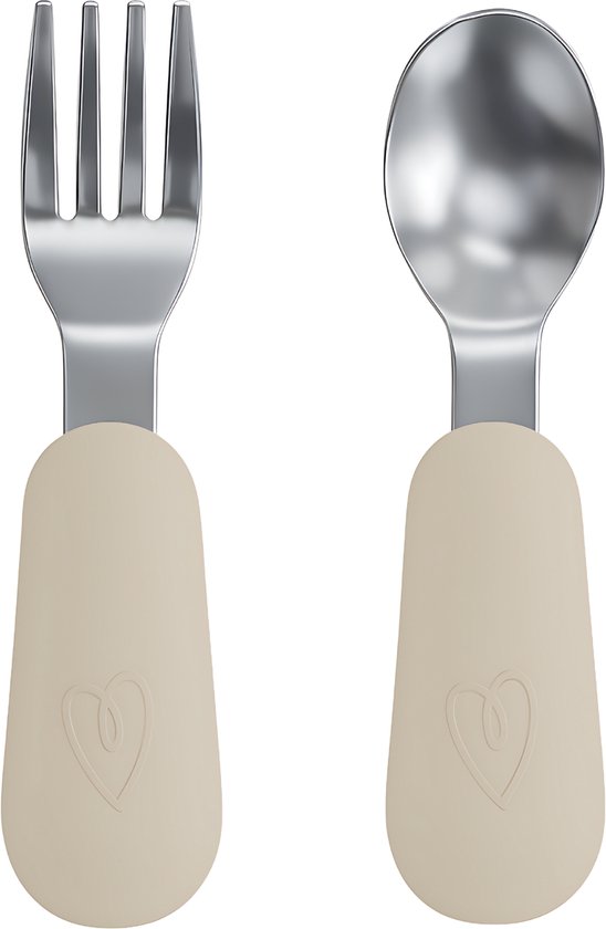 Broemba RVS Kinderbestek - Baby Lepel & Baby Vork met siliconen grip - 100% BPA-vrij Babybestek - Kinder Lepeltje en Vorkje - Beige Peuterbestek van Broemba