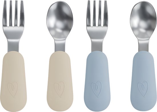 Broemba RVS Kinderbestek - Set van 4 stuks - 2x Baby Lepel & Baby Vork - 100% BPA-vrij Babybestek - Lepeltjes en Vorkjes - Beige / Blauw Peuterbestek van Merkloos