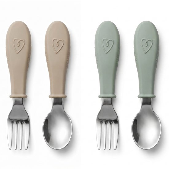 Broemba RVS Kinderbestek - Set van 4 stuks - 2x Baby Lepel & Baby Vork - 100% BPA-vrij Babybestek - Lepeltjes en Vorkjes - Beige / Groen Peuterbestek