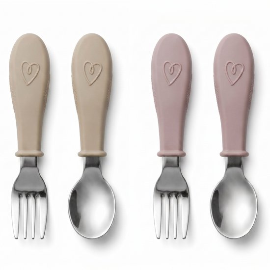 Broemba RVS Kinderbestek - Set van 4 stuks - 2x Baby Lepel & Baby Vork - 100% BPA-vrij Babybestek - Lepeltjes en Vorkjes - Beige / Roze Peuterbestek van Broemba