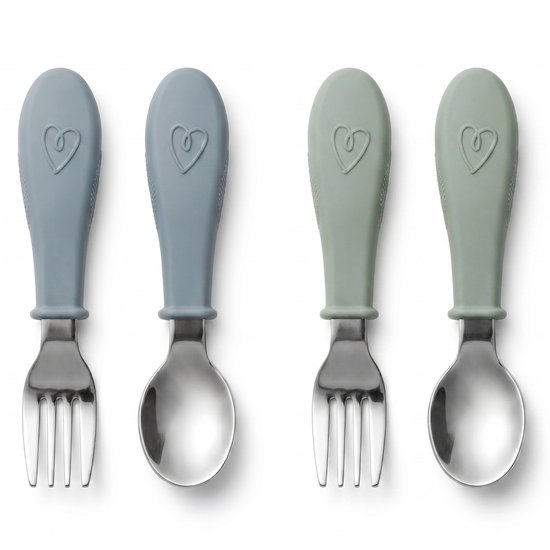 Broemba RVS Kinderbestek - Set van 4 stuks - 2x Baby Lepel & Baby Vork - 100% BPA-vrij Babybestek - Lepeltjes en Vorkjes - Groen / Blauw Peuterbestek