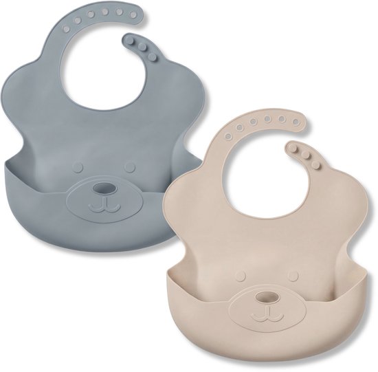 Broemba Siliconen Slabbetjes met Opvangbak - Set van 2 Stuks - Slabber voor Baby - Opvouwbare Slab - Beige / Blauw