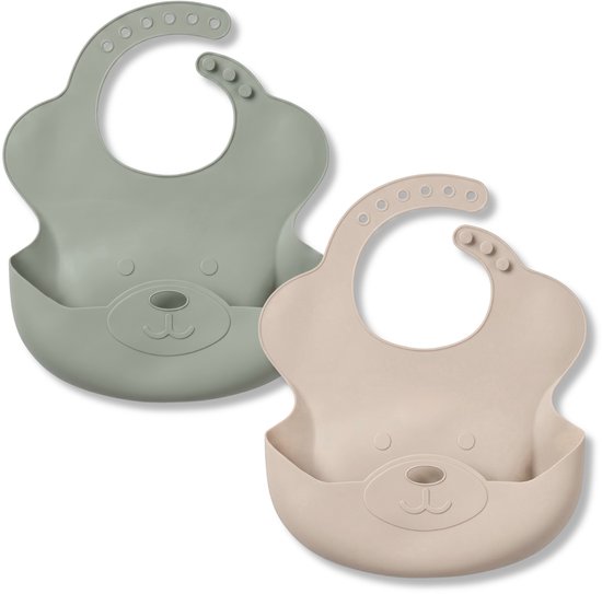 Broemba Siliconen Slabbetjes met Opvangbak - Set van 2 Stuks - Slabber voor Baby - Opvouwbare Slab - Beige / Groen van Broemba