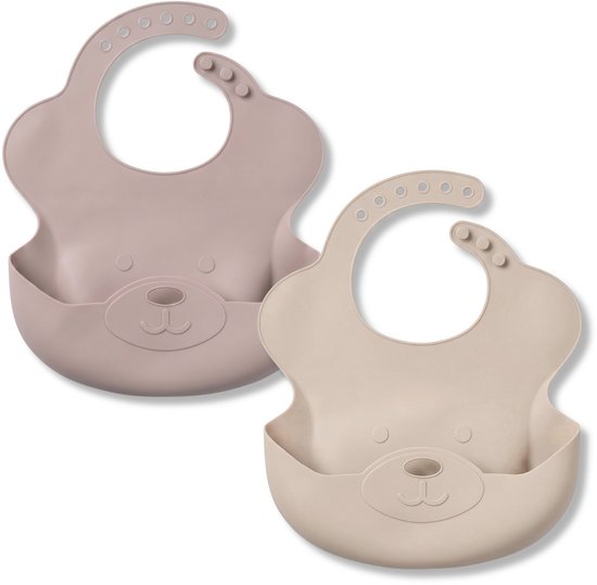 Broemba Siliconen Slabbetjes met Opvangbak - Set van 2 Stuks - Slabber voor Baby - Opvouwbare Slab - Beige / Roze van Broemba