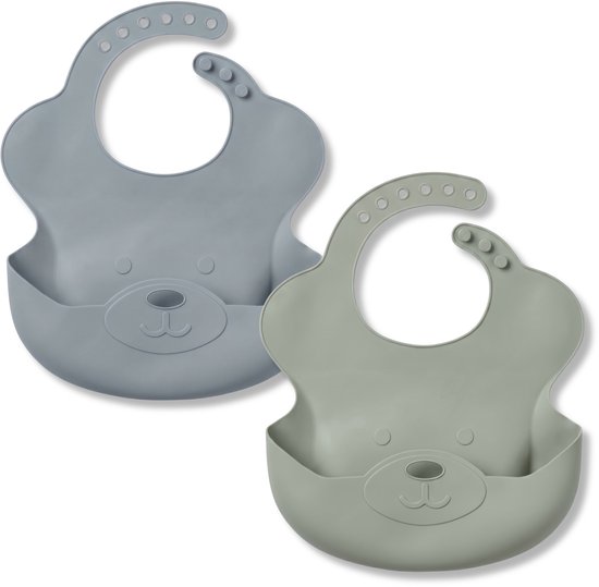 Broemba Siliconen Slabbetjes met Opvangbak - Set van 2 Stuks - Slabber voor Baby - Opvouwbare Slab - Groen / Blauw