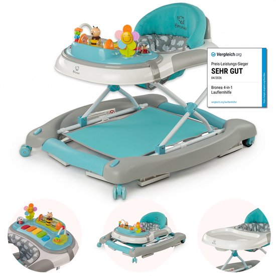 BRONEA® 4-in-1 Loopstoeltje vanaf 6 maanden | Babywalker met schommelfunctie en speelpaneel met muziek | in hoogte verstelbaar & klapbaar | Geruisarme wielen en remmen - blauw turquoise