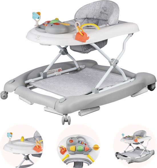 BRONEA® 5-in-1 Loopstoeltje voor baby's | Babywalker met schommelfunctie, muziek & licht | Afneembaar speelpaneel | Loopstoel in hoogte verstelbaar & inklapbaar | Grijs van BRONEA