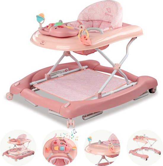 BRONEA® 5-in-1 Loopstoeltje voor baby's | Babywalker met schommelfunctie, muziek & licht | Afneembaar speelpaneel | Loopstoel in hoogte verstelbaar & inklapbaar | Roze van BRONEA