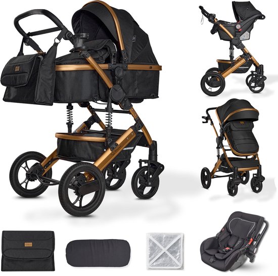BRONEA® EXQUISE 2.0 Luxe multi-functionele kinderwagen 3 in 1 incl. Autostoel - MATRAS, Buggy, Luiertas, Voetenwarmer, Regenhoes, Muggen net & Zonneklep - goud/zwart van Merkloos