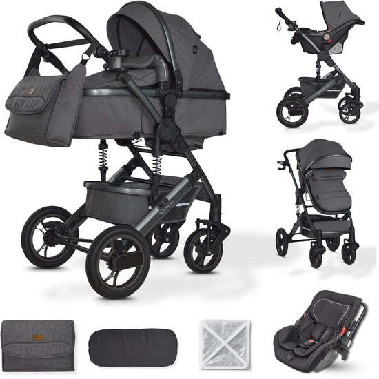 BRONEA® EXQUISE 2.0 Luxe multi-functionele kinderwagen 3 in 1 incl. Autostoel - MATRAS, Buggy, Luiertas, Voetenwarmer, Regenhoes, Muggen net & Zonneklep - grey/grey van Merkloos