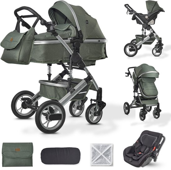 BRONEA® EXQUISE 2.0 Luxe multi-functionele kinderwagen 3 in 1 incl. Autostoel | MATRAS, Buggy, Luiertas, Voetenwarmer, Regenhoes, Muggen net & Zonneklep | silver/dusty-green van Merkloos