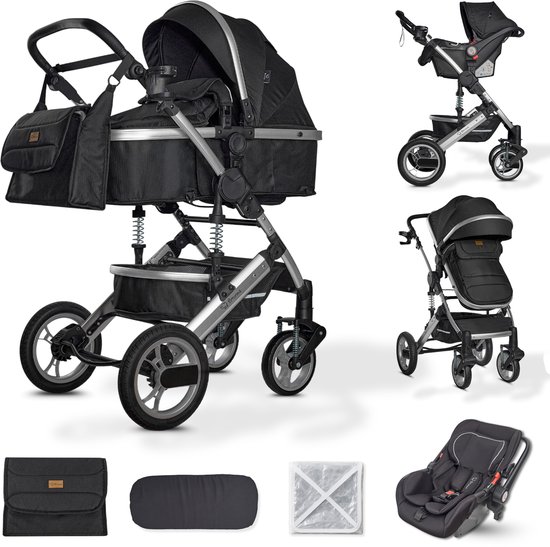 BRONEA® EXQUISE 2.0 Luxe multi-functionele kinderwagen 3 in 1 incl. Autostoel | MATRAS, Buggy, Luiertas, Voetenwarmer, Regenhoes, Muggen net & Zonneklep | silver/zwart van Merkloos