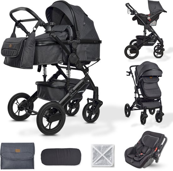 BRONEA® EXQUISE 2.0 Luxe multi-functionele kinderwagen 3 in 1 incl. Autostoel - MATRAS, Buggy, Luiertas, Voetenwarmer, Regenhoes, Muggen net & Zonneklep - zwart/grey van Merkloos