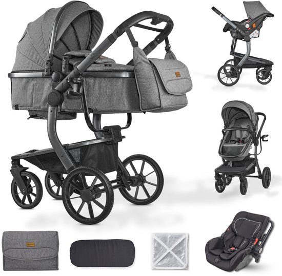 BRONEA® UNICO Design kinderwagen 3-in-1 set - Eénhand-inklap-mechanisme | incl. autostoeltje en matras voor de reiswieg | Ook als buggy te gebruiken | Eénhand-Inklapbaar met luiertas, regenhoes, muggennet en zonnekap - Grey/Grey van Merkloos