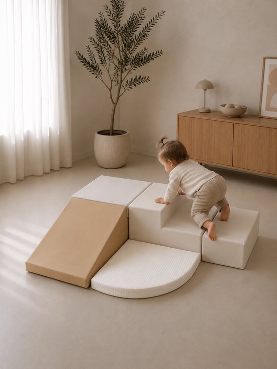 Broyari® Foam Blokken Baby - 5-delige Soft Play Set met Glijbaan - Montessori Speelgoed 1 Jaar - Baby Speelgoed 6 Maanden - Zachte Speelblokken - Klimblokken Baby - Beige