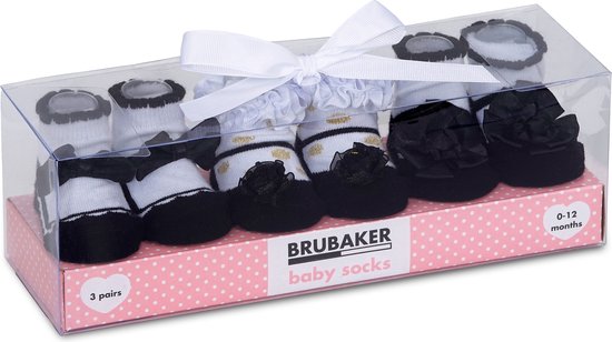 BRUBAKER 3 Paar Babysokken Jongens Meisjes 0-12 Maanden - Babyshower - Cadeau - Ruches Stippen Bloemen Strepen - Pasgeboren Cadeauset voor Baby's - Katoen