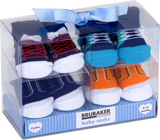 BRUBAKER 4 Paar Babysokken voor Jongens 0-12 Maanden - Babyshower - Cadeau - Baby Geschenkset voor Pasgeborenen in Geschenkverpakking met Strik - Coole Sokken Motieven
