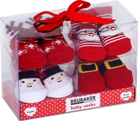 BRUBAKER 4 paar Babysokken voor Jongens en Meisjes 0-12 maanden - Babyshower - Cadeau - Babycadeauset voor pasgeborenen in geschenkverpakking met strik - Kerstsokken van BRUBAKER