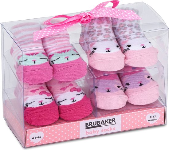 BRUBAKER 4 Paar Babysokken voor Meisjes 0-12 Maanden - Babyshower - Cadeau -Baby Geschenkset voor Pasgeborenen in Geschenkverpakking met Strik - Katten Roze/ Roze