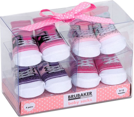 BRUBAKER 4 Paar Babysokken voor Meisjes 0-12 Maanden - Babyshower - Cadeau - Baby Geschenkset voor Pasgeborenen in Geschenkverpakking met Strik - Leuke Sneaker Roze