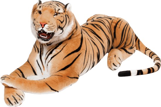 BRUBAKER Brullende Tijger - XXL Knuffel met Tanden 130 cm - Liggende Levensechte Knuffel - Koning van de Jungle - Bruin van BRUBAKER
