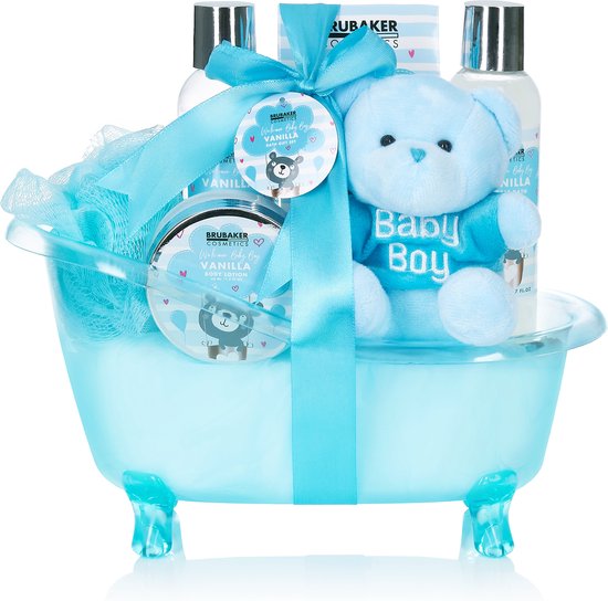 BRUBAKER Cosmetics 7-delige Babycadeauset voor jongens - Cadeau voor babyshower - Babyverzorgingsset in Badkuip en pluche beer - Babycadeau - Lichtblauw van BRUBAKER Cosmetics