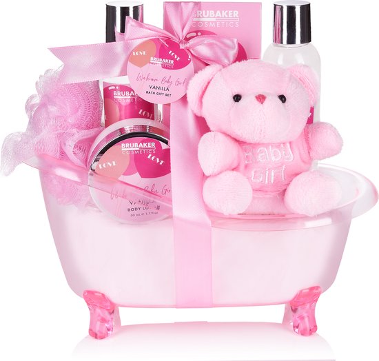 BRUBAKER Cosmetics 7-delige Babycadeauset voor meisjes- Cadeau voor babyshower - Babyverzorgingsset in Badkuip en pluche beer - Babycadeau - Roze van BRUBAKER Cosmetics