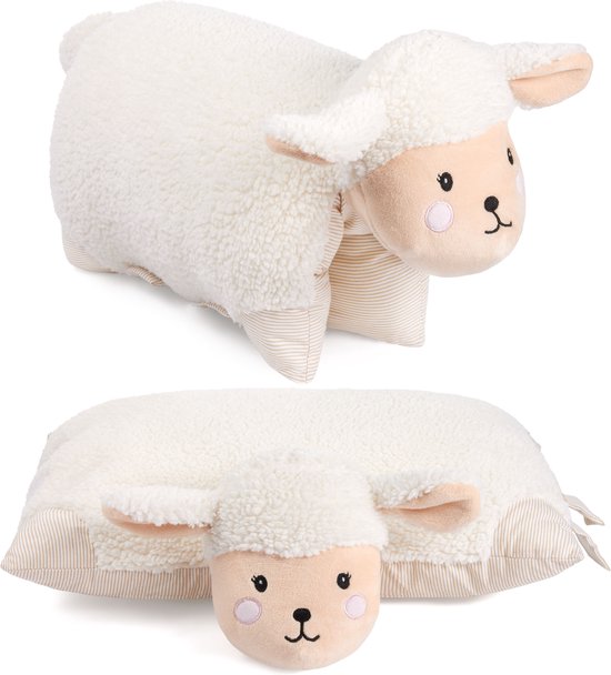 BRUBAKER Knuffeldieren Kussen Schaap - 2 in 1 Pluche Dier en Knuffelkussen - 40 x 30 cm Decoratief Kussen - Opvouwbaar Kinderkussen van Pluche met Klittenband - Dierenkussen Schaap Speelgoed - Beige van BRUBAKER