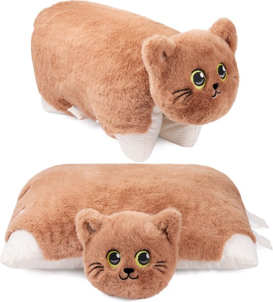 BRUBAKER Knuffeldierenkussen Kat - 2 in 1 Pluche Dier en Knuffelkussen - 40 x 30 cm Knuffelkat - Opvouwbaar Pluche Kinderkussen met Klittenbandsluiting - Dierenkussen Kattenkussen Knuffeldier - Bruin van BRUBAKER