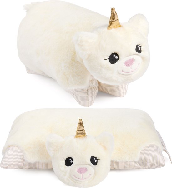 BRUBAKER Knuffelkussen Eenhoorn - 2 in 1 Pluche en Knuffelkussen - 40 x 30 cm Knuffel Eenhoorn - Opvouwbaar Pluche Kinderkussen met Klittenbandsluiting - Kussen Eenhoorn Knuffeldier - Wit van BRUBAKER