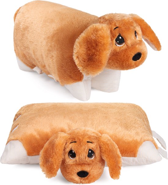 BRUBAKER Knuffelkussen Hond - 2 in 1 Pluche Knuffel en Knuffelkussen - 40 x 30 cm Knuffelkussen Hond - Opvouwbaar Pluche Kinderkussen met Klittenbandsluiting - Kussen Hond Knuffeldier - Bruin van BRUBAKER