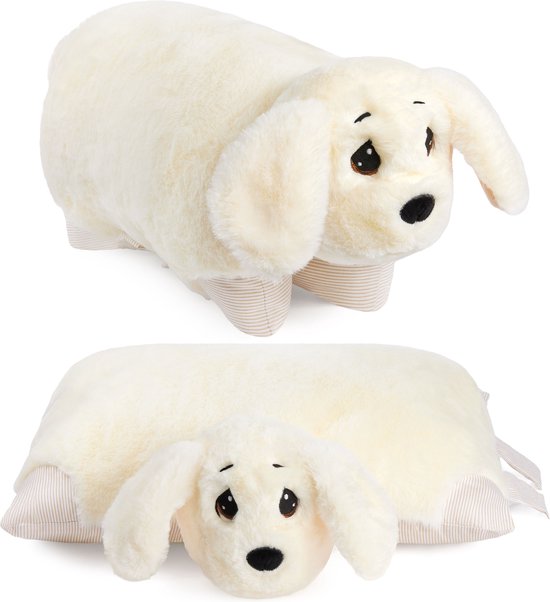BRUBAKER Knuffelkussen Hond - 2 in 1 Pluche Knuffel en Knuffelkussen - 40 x 30 cm Knuffelkussen Hond - Opvouwbaar Pluche Kinderkussen met Klittenbandsluiting - Kussen Hond Knuffeldier - Wit van BRUBAKER