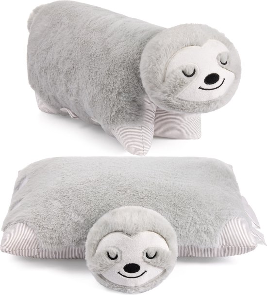 BRUBAKER Knuffelkussen Luiaard - 2 in 1 Knuffeldier en Knuffelkussen - 40 x 30 cm Sierkussen - Opvouwbaar Pluche Kinderkussen met Klittenbandsluiting - Dierenkussen Luiaard Pluche Kussen - Grijs van BRUBAKER