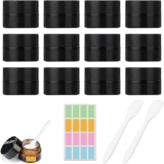 Bruine Glazen Crèmepotjes | Lege Potjes voor Crèmes en Cosmetica | Set van 12 | Met Deksel, Scraper en Stickers | UV-beschermend | Herbruikbaar | 5 ml