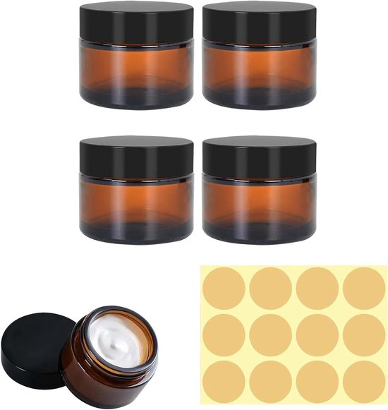 Bruine glazen potjes voor zalf en crème, set van 4, 30 ml - Hervulbare dispenser voor cosmetica & lotion