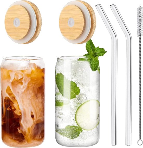 Bubble tea kopjes met deksel en rietje set van 2, drinkglazen met bamboe deksel en glazen rietje, ijskoffieglazen voor ijskoffie, cocktail, smoothieglas, bier, koude kopjes 480ML van CSYY