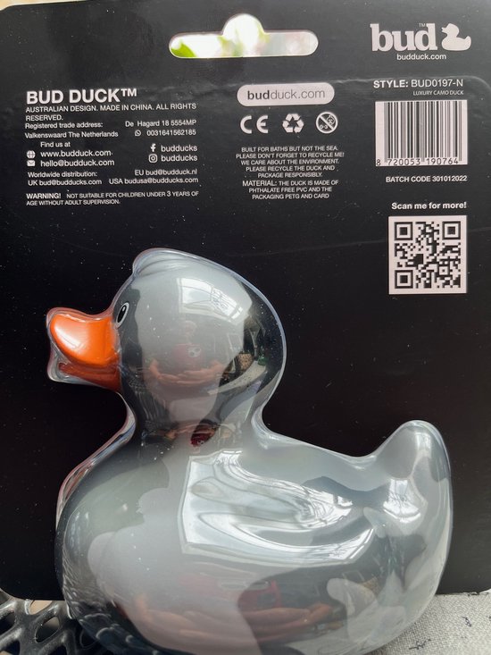 BUD Camo Duck  Badeendje Camouflage van budduck in zwart grijs en wit van BUD