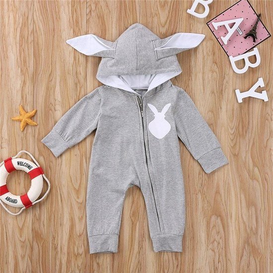Budino® - Konijn - Baby Onesie - Baby Romper - Baby Pyjama - Baby Pakje - Baby Verkleedkleding - Carnavalskleding - Dier - Grijs van Merkloos