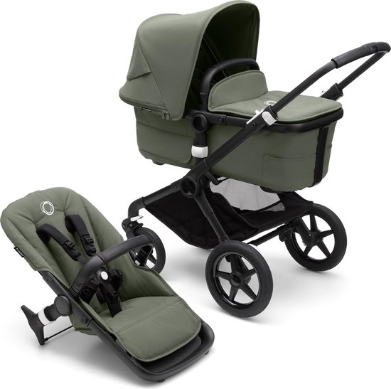 Bugaboo Fox 3, Comfortabele 2-in-1 Reissysteem: Lichte comfort Kinderwagen & Geavanceerde Breezy Reiswieg, Zwarte Chassis, Forest Green Bassinet & Zonnekap van Merkloos